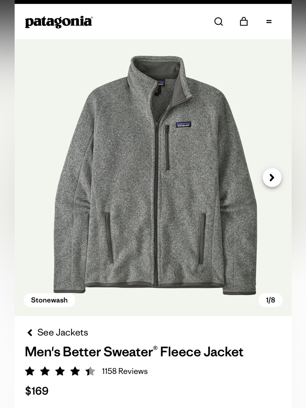 NWOT Patagonia Men's Better Sweater Fleece Jacket - Stonewash Gray